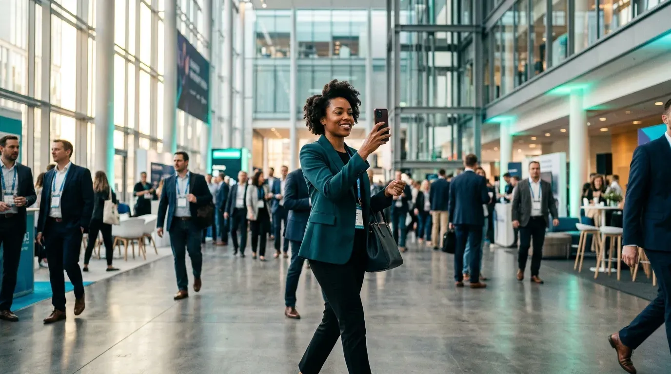 A professional arriving at a conference, phone in hand