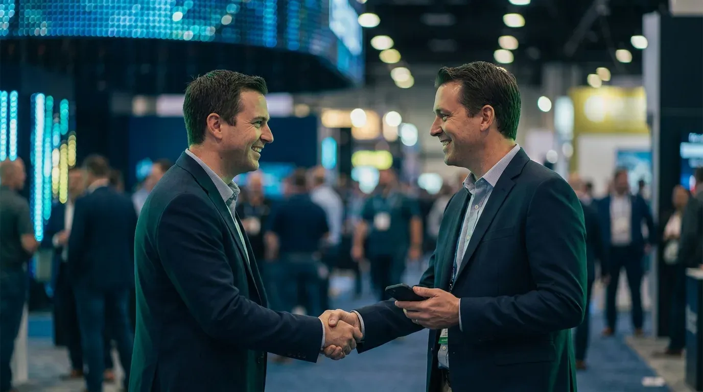 Two professionals meeting on a conference expo floor